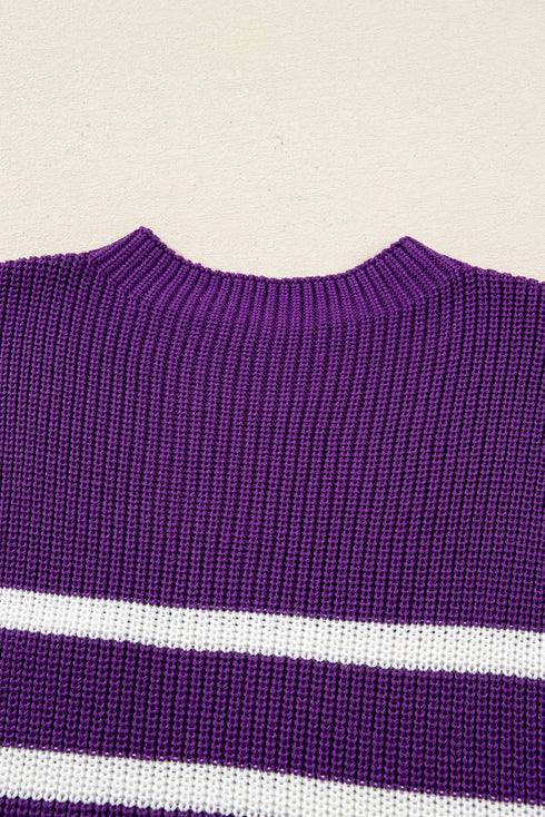Striped Raw Edge Patch Pocket Drop Shoulder Short Sleeve Sweater